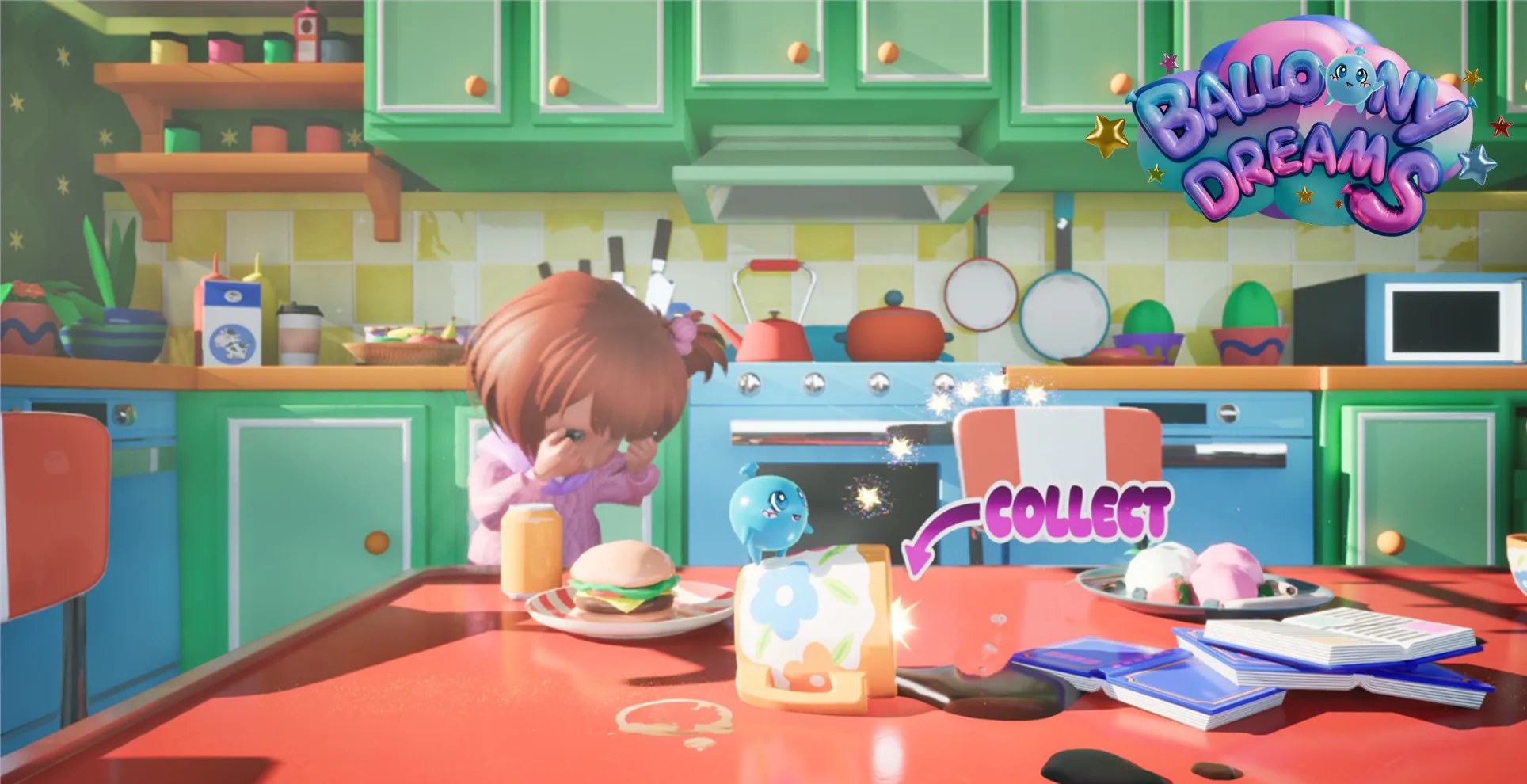 Balloony Dreams gameplay: Balloony in a colourful kitchen next to a girl, with the Balloony Dreams logo